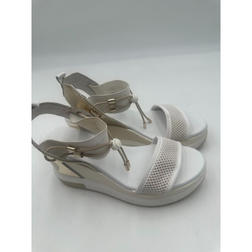 Nero Giardini White Gold Leather Mesh Bungee Wedge Platform Sandals 38 US 8